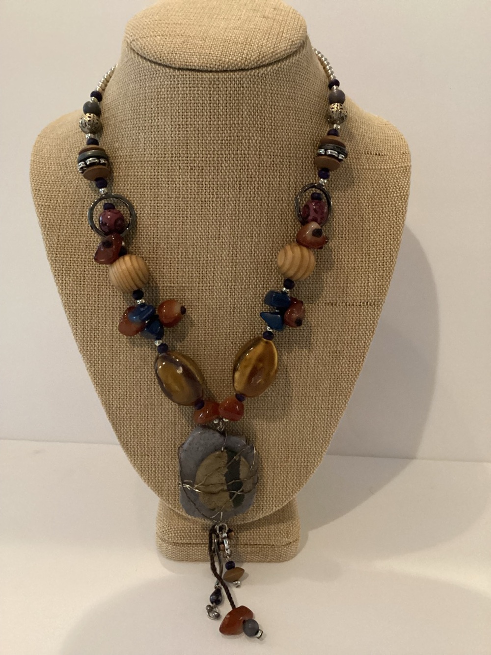 Chico’s Artisan Statement Necklace Boho Wood Bead Mixed Media Pendant Brutalist